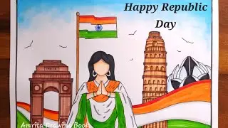 Republic Day Drawing | Traditional Girl Drawing | How to Draw India Gate, Lotus Temple, Qutub Minar