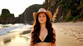 Model on the beach in black bikini wear white cowboy hat. Long flowing hair.