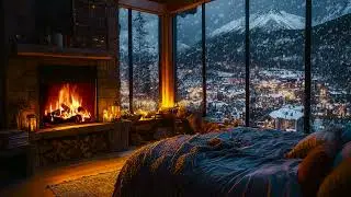 Warm Winter Cabin Night Sounds with Crackling Fire and Snowfall for Deep, Relaxing Sleep
