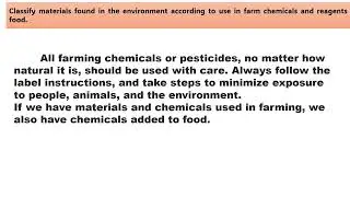 Classify materials found in the environment according to use in farm chemicals and reagents food.