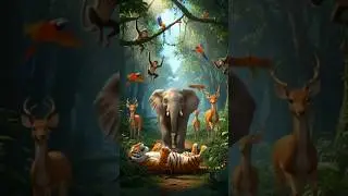 Elephant running in forest and tiger crying