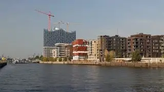 Hamburg, Germany: HafenCity, Marco-Polo-Terrassen, view to Grasbrookhafen - 4K Video Photo