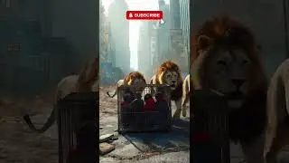 Lions walk around a cage with people  #animals #ai #lion