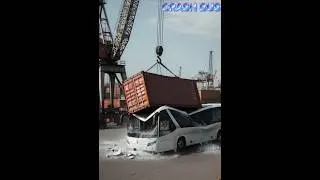 CRASH BUS massive industrial crane dropping a shipping container