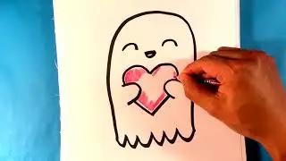 How to Draw a Ghost Holding a Heart - Cute Drawings - Halloween Drawings