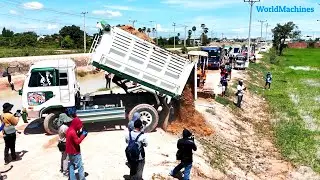 Grand Opening New Project First Dump Truck Unloading Soil Landfilling & Dozer Pushing Soil
