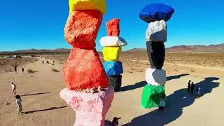 Flying through the Seven Magic Mountains 4k Drone Footage of Las Vegas Strip Roadside Attraction
