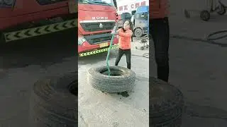 Female car mechanic changes tires , Cute  girl changes car tires # 377