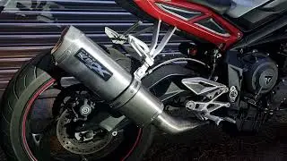 Pipe Werx Titan Edge Titanium silencer on a Triumph 765 high level fitment