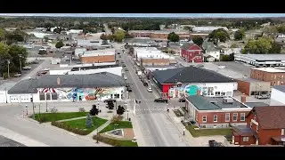 Aerial view of Manistique, MI on Lake Michigan (Upper Peninsula of Michigan) (4k)