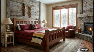 Modern cabin living room with stone fireplace, rustic wood mantle, & colorful blankets