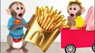 Monkey Baby Bon Bon Gets Golden Potato Chips with His Son 🍟✨ #monkey #monkeybaby #animalshome