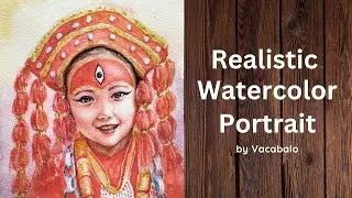 Watercolor portrait painting - Kumari, a living Goddess in Nepali culture