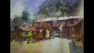 Tharu society , Madi, Chitwan in water color.