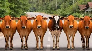 Keseharian gembala sapi lucu jinak yang sedang mencari makan di bukit alam pedesaan yang asri.