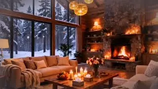 Cozy Winter Night Living Room ❄️ Soft Piano Music & Crackling Fireplace 🔥 Snowy Forest view
