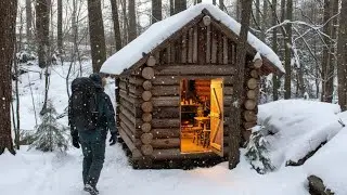 Solo Survival Camping in a Wooden Cabin in the Forest During a Winter Blizzard Night