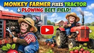 Monkey Farmer Fixes Tractor and Plows Beet Field - Farm Work | Funny Monkey Kids