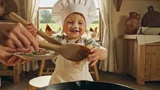 The Little Blonde Baby Learning to Cook