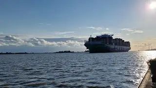 Large cargo ships on the Elbe River, Hamburg, Germany