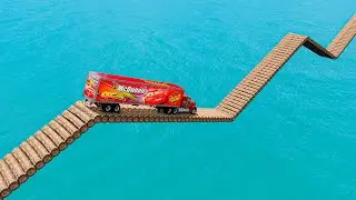 Mack Truck vs Impossible Log Wave Bridge Crossing Cars Vs Deep Water - BeamNG.Drive