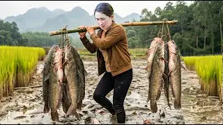 Harvesting Catfish In Rural Rice Fields, Grilled Fish For Cold Winter | Peaceful Life