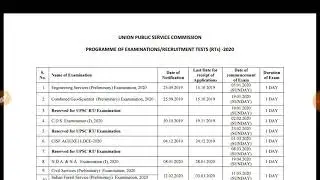UPSC Exam Time Table 2020|union public service commission programme of examination Tests 2020
