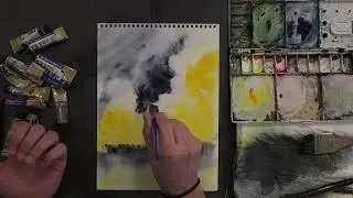 Yellow Break Beneath Dark Clouds | Watercolor Abstract Landscape Painting #394