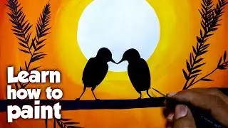 Love birds scenery drawing | how to paint sunset landscape