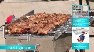 RAMBO Grillaufsatz: 2.0 mit Geschwindigkeitsregulierung + Powerbank + 12 Spie&szlig;e + Picknick Rucksack