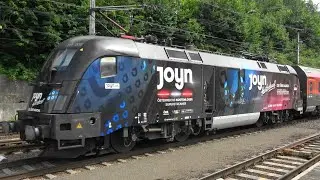 Neueste ÖBB Werbelok 1116 208 Joyn, langer bunter Güterzug, Klimajet & ICE119 in Feldkirch