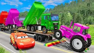 Flatbed Trailer McQueen Transportation with Truck - Speedbumps vs Cars vs Train #15 - BeamNG.Drive