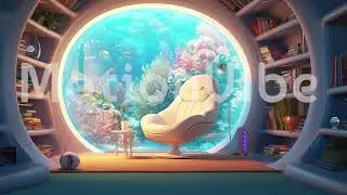 Futuristic Library With Aquarium Animated Background, Animated Workspace Background, Future Library