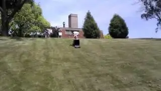 Bin surfing on an ice block