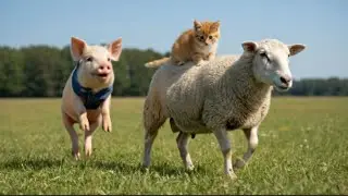 Baby Cat & Small Pig Herd Sheep!  Fun Farm Adventure MaMa Cat Family