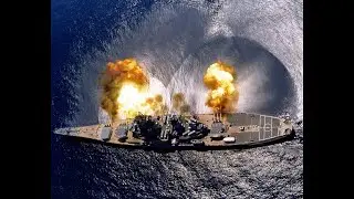 Iowa-class battleship BB-64 Wisconsin fires its 16 inch (406 mm) guns for the last time.