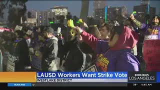 Union members rally in front of LAUSD headquarters in Westlake