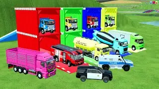 TRANSPORTING COLORFUL MIXER TRUCK, PINK KARA TRUCK, MERCY POLICE CARS, AMBULACE, MINI TANKER FS22
