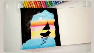 ​ Silhouette Art: A Magnificent Sunset Scene | Oil Pastel Drawing .