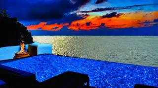 Infinity Pool Overlooking Ocean w/ Chiminea at Sunset | Infinity Pool Ocean Sounds for Relaxing