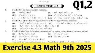 Exercise  4.3 Math 9th  new Book  PCTB SNC 2025 |  9th Math Exercise 4.3 class 9th PTB 2025