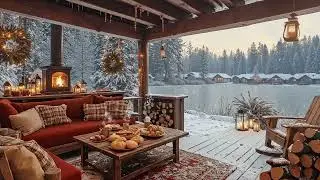 Cozy Winter Porch Jazz ❄️ Snowfall Ambience, Fireplace Warmth & Relaxing Smooth Jazz