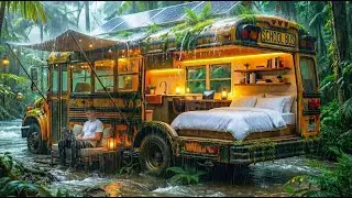 I Turned an Abandoned School Bus into a Hidden Jungle Home in Heavy Rain | ASMR