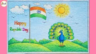 Republic Day Drawing for Kids 🎨 | Indian Flag & Peacock Scenery Drawing