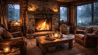 Rainy Cabin Fireplace | Fire Crackling, Soft Rain & Light Wind (1 Hour, 4K)