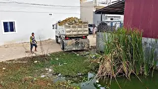 First New Project Landfill Flooded area !! Bulldozer Komat'su D20P Push soil with 5ton Trucks