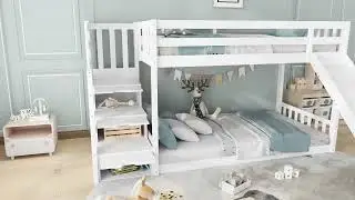 Bunk Bed with Stairs and Slide, Solid Pine Wood Frame, Children Bed with 2 Drawers in the Steps