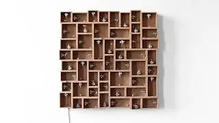 Zimoun : Sound Sculpture : 52 prepared dc-motors, cork balls, mdf boxes, 2016