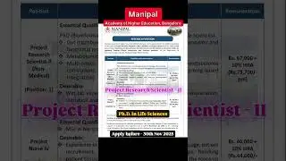 Project Research Scientist at Manipal (MAHE) Bengaluru #Shorts #news #foryou #manipal #bangalore #ca