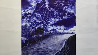 Ballpoint pen art drawing | Lightning Strike | Nature Scenery | Blue colored pen | DENIS SAOR Art